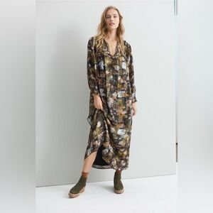 ANTHROPOLOGIE Blair Shimmer Long Sleeve Maxi Dress Shimmer Gold Print Small
